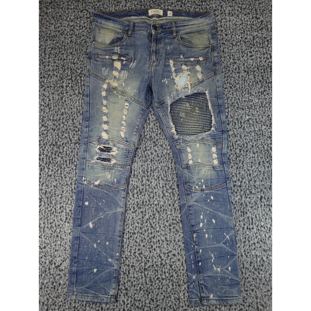 FWRD Denim Jeans Mens 34 Blue Distressed Moto Paint Splatter Slim Straight